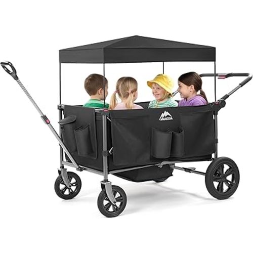 4 Seater Foldable Wagon Stroller & Cargo,with 5-Point Harnesses,Adjustable Push/Pull Handle, Removable Sun Canopy, One-Step Locking Design, Suitable for Family Travel, 4 Children Ride, Gift