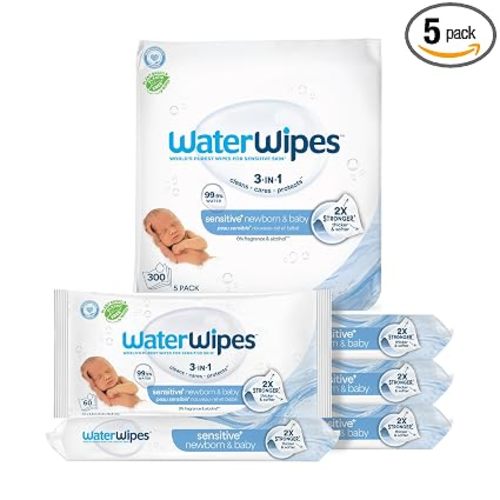 WaterWipes Sensitive+ Newborn & Baby Wipes, 3-In-1 Cleans, Cares, Protects, 99.9% Water, Unscented & Hypoallergenic, 300 Count (5 Packs)