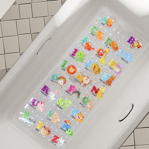 Secopad Bathtub Mat Non Slip, Cartoon Bath Tub Mat, 40" x 16", 26 Alphabet | Rectangular, Anti-Slip, Machine Washable, with Drain Holes and Suction Cups,For Bathtub and Shower Floor, for Toddler & Kids