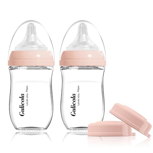 Natural Glass Baby Bottle for Breastfeeding Babies, Newborn Anti-Colic Bottle Set with Slow Flow Nipple, 0-3 Months, 5 oz, 2 Pack - Pink
