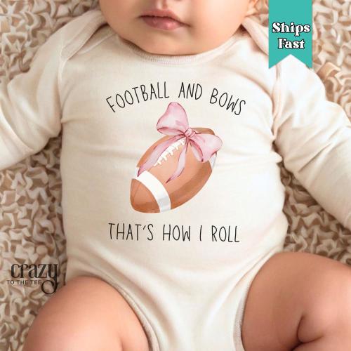 Football and Bows That's How I Roll Baby ONESIES® Brand Bodysuit, Football Baby Announcements, Football Baby Girl Bodysuit, Baby Gameday