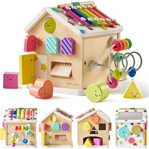 Tiny Land 9-in-1 Wooden Activity Cube, Montessori Baby Activity Center for 1+ Year Old, Educational Toy for Toddlers, Ideal Gift for Girls and Boys (Rainbow)