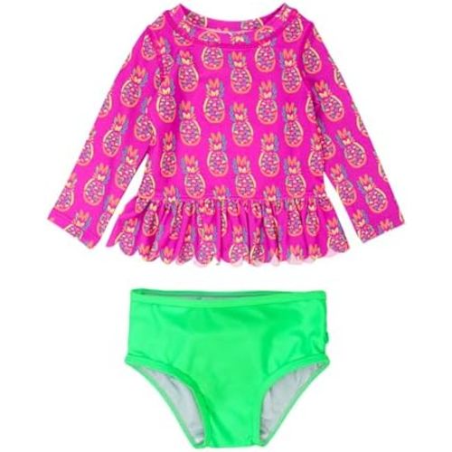 RuffleButts Baby/Toddler Girls Scalloped Long Sleeve Rash Guard 2-Piece UPF50+ Sun Protected Swimsuit