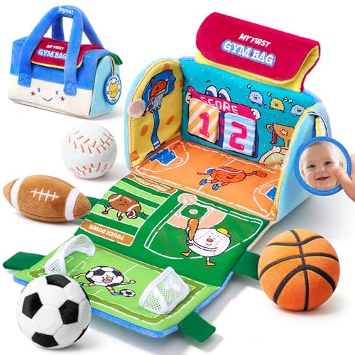 Joycat Baby Toys 0-12 Months, My First Sports Bag Plush Toy, 4 Sensory Balls with Multi-Game Court, Crinkle Rattle for 0-3-6-9-12 Month Newborn Tummy Time Toys, Baby Travel Toy Gifts for Boys Girls