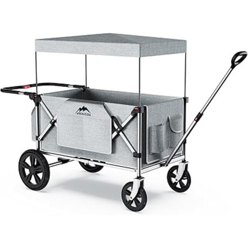 Foldable Wagons for Two Kids & Cargo, with 5-Point Harnesses,Adjustable Push/Pull Handle, Removable Sun Canopy, One-Step Locking Design, Suitable for Family Travel, Two Children Ride, Black (Silver)