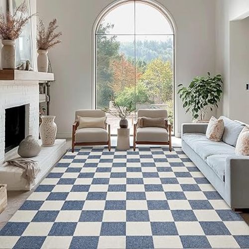 Washable Rug 8x10 Checkered Rug, Blue and White Area Rug, Boho Large Rugs for Living Room, Low Pile Lightweight Indoor Carpet with Non-Slip Backing for Bedroom Classroom Playroom Kids