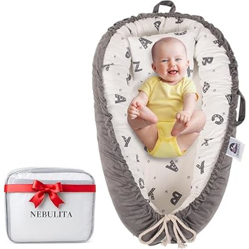 Infant Support Cushion for Supervised Awake-Time Floor Use - 100% Cotton Interior, Micro-Velvet Exterior, Portable Baby Cushion with Carry Bag, ABC Gray Pattern - Basic