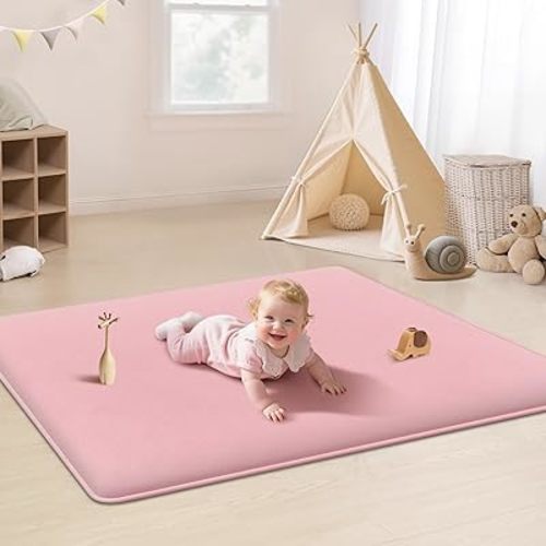 PapaMama Ultra Soft Baby Play Mat for Floor, 1.3" Thick Memory Foam 50x50 Playpen Mat with Non-Slip Backing, Coral Velvet Child Nursery Rug, Tummy Time & Crawling & Yoga Mat for Infant, Toddlers, Kids