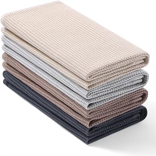 Homaxy 100% Cotton Waffle Weave Kitchen Towels - 4 Pack Soft and Absorbent Dish Towels - 16 x 26 Inches Quick Dry Hand Towels - Beige/Dark Grey/Brown/Light Grey