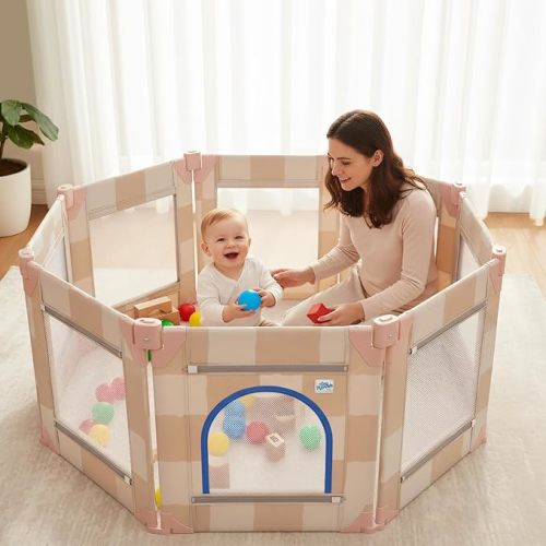 Tiny Marvels Baby Playpen, 50 x 50 in Play Pen for Babies and Toddlers, Foldable Baby Playpen, Play Yard for Infants with Breathable Mesh, Playard with Gate (Sand Checks,Mat not Included)