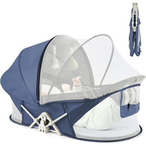 Portable Baby Bassinet Travel Baby Bed, Baby Cribs Travel Pod for Outdoors Baby Lounger Infant Travel Bed with Mosquito Net and Sunshade Canopy, Lightweight Washable