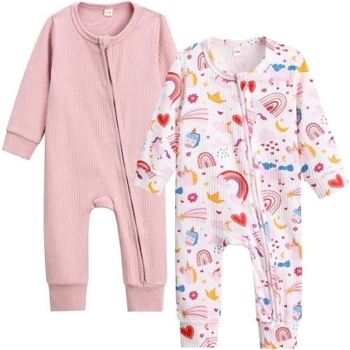 Bafeicao Unisex Baby Boy Girl 2/3 Pack Rompers Long Sleeve 2 Way Zipper One Piece Jumpsuits Clothes Sets