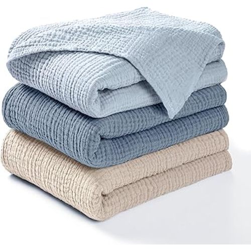 Dreamology Muslin Swaddle Blankets Boy,Girl,100% Cotton Swaddle Blankets,3 Pack,Receiving Blanket for Unisex, Soft, Breathable Swaddle Blanket,Large 44 x 44 inch Cotton Blanket | Blue,Light Blue,Ecru
