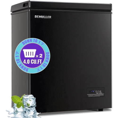 DEMULLER Black 4.0 Cu Ft Deep Freezer, Top Open Door, Removable Storage Baskets, Compact Size