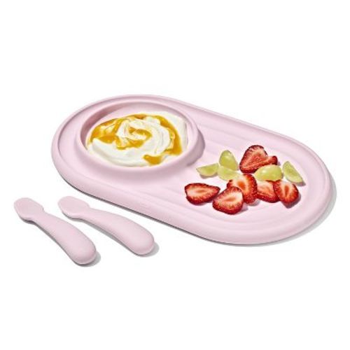 OXO Tot 3pc Silicone Textured Suction Plate & Spoons Baby Feeding Set - Blossom