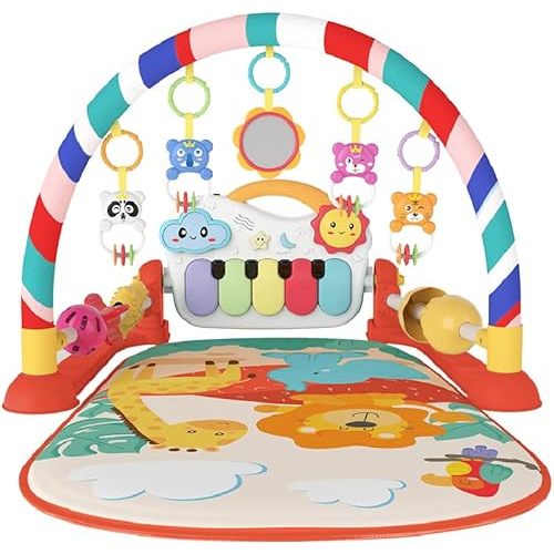 Eners Baby Gyms Play Mats Musical Activity Center Baby Piano Gym Mat Tummy Time Padded Mat for Newborn Toddler Infants(Red)
