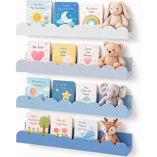 4 Pcs Blue Scalloped Nursery Book Shelves, Floating Shelves Nursery