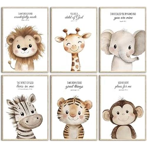 6Pcs Nursery Bible Verse Animal Wall Art Cute Woodland Animals Christian Picture Wall Decor Lions Elephant Giraffe Poster Print Artwork for Classroom BabyBedroom Boys Girls Home Decoration Unframed