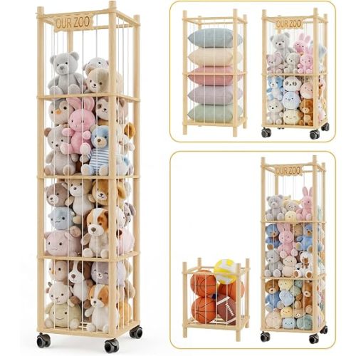 DIY Stuffed Animal Storage Kit, Adjustable 1–4 Tier Stuffed Animal Organizer with Wheels, Large Plushies Storage for Playroom, Bedroom & Nursery, Designed for Growing Toy Collections