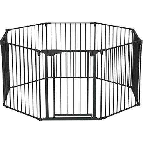 Bonnlo 188'' Wide Baby Gate Playpen 8 Panel Adjustable Play Yard Metal Dog Gate with Door Fireplace Christmas Tree Fence for Pet/Child/Toddler