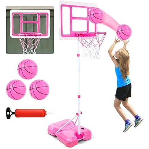 Kids Basketball Hoop with Stand, Adjustable Height 3.5FT-6.2FT Toddler Basketball Hoop, Basketball Goal Outdoor Indoor Toys for Girls Age 3 4 5 6 7 8 Years Old Gifts(Pink)