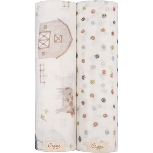 Crane Baby Charlie 2-pc. Farmhouse Tractor Dot Swaddle Set, 100% Cotton Muslin Swaddle for Newborns, Baby Boy Blanket Neutral, Infant Receiving Blankets for Boys, Rustic Farm Nursery Decor