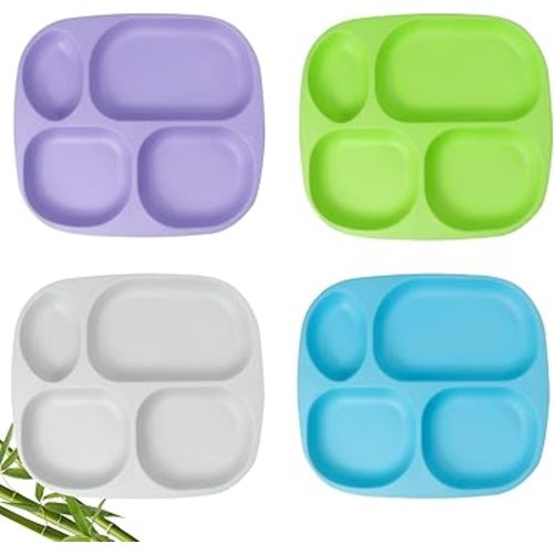 shopwithgreen Bamboo Divided Plates for Kids Adults - Dinnerware Set for Toddlers Kids Children Baby, Toddler Dinner Plates, BPA Free, Stackable, Dishwasher Safe, 9.4 inch, Set of 4