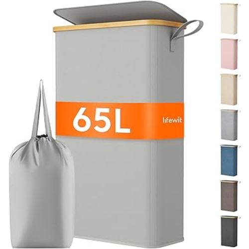 Lifewit 65L Slim Laundry Hamper with Lid, Narrow Laundry Basket with Removable Bag & Bamboo Handles, Fodable Thin Dirty Clothes Hamper for Laundry Collapsible Bin for Bathroom Bedroom Dorm,Silver Grey