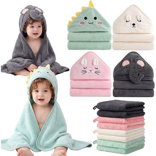 12-Piece Baby Towel Set – 4 Hooded Bath Towels (31"x31") + 8 Washcloths (10"x10") – Soft & Absorbent for Newborns, Infants, Toddlers & Kids – Unisex Gift for Baby Boy or Girl