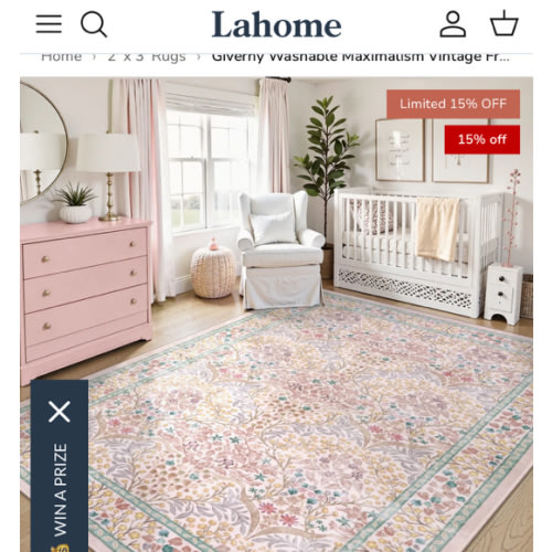 Giverny Washable Maximalism Vintage French Floral Pink Rug 5x7