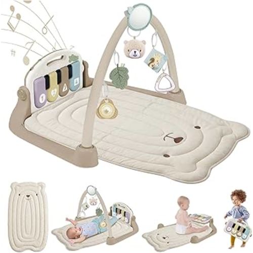 Baby Play Gym with Kick and Play Piano, Activity Mat with Music and Lights, Beige Bear, for Newborn 0-12 Months