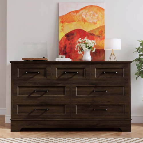 Homall 7-Drawer Wood Dresser for Bedroom, Large Storage Cabinet with Anti-Tip Safety and Modern Arch Design,Double Classified Storage Organizer Chest for Living Room, Hallway, Brown