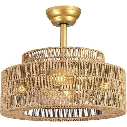 Boho Caged Ceiling Fans with Lights and Remote,Handwoven Rattan Fandelier Gold Chandelier with Fan for Dining Room,Kitchen,Bedroom,Nursery(6 Speeds,Timer,Adjustable Height)
