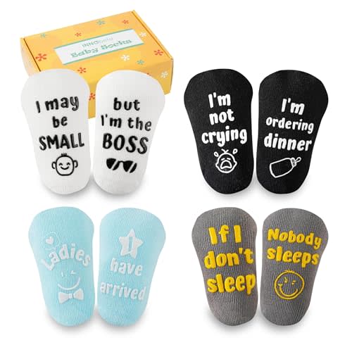 InnoBeta Baby Socks Set with Funny Quotes (4 Pairs) Newborn/Infant Socks for Baby Shower, Gender Reveal 3-12 Months