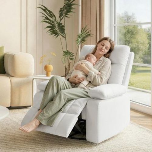 TYBOATLE Swivel Rocker Recliner, Glider Nursery Chair with Manual Recliner, Padded Armrests & Footrest, PU Leather Nursing Chair for Living Room,Beige