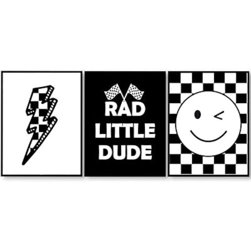 Boys Room Wall Art,Rad Little Dude Poster,Black and White Checkered Posters Prints for Playroom Kids Room Home 11x14 Inch Unframed Set of 3