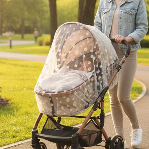 Baby Stroller Mosquito Net – Daisy Floral Bug Cover for Pram, Breathable Baby Insect Protection, Summer Stroller Cover