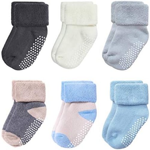 VWU Baby Toddler Kids Ankle Crew Socks with Grips Unisex Warm Thick Cotton Winter Socks 0-10 Years 6/8 Pack