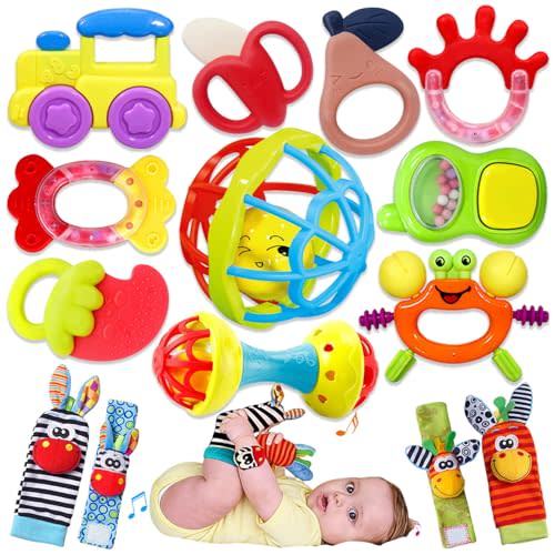 Baby Toys 0-6 Months - Baby Rattles Teething Toys 3-6 Month Infant Toys 6-12 Months Teether Toy 3 4 5 6 Month Old Newborn Essentials Must Haves Wrist Socks Toddler Stocking Stuffers Christmas Gifts