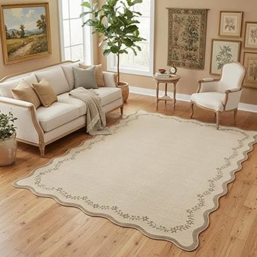 GarveeHome 5x7 Scalloped Area Rug Tan Jute Washable Rugs for Living Room Bedroom, Soft Low Pile Non Slip Accent Floor Mat Solid Floral Print Throw Rug Farmhouse Indoor Carpet for Dorm Playroom