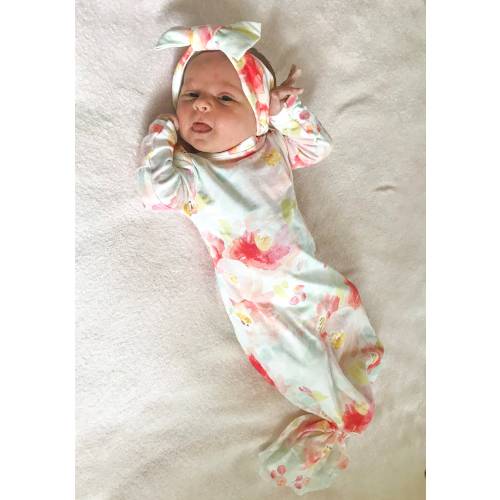 Newborn Girl Coming Home Outfit, Baby Girl Coming Home Outfit, Knotted Gown, Knotted Sleeper, Watercolor Peony Floral, Premie Girl