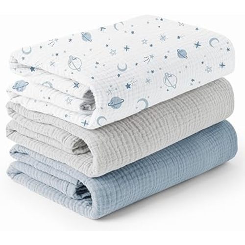 Konssy 3 Pack Muslin Swaddle Blankets for Unisex, Newborn Receiving Blanket, Large 47 x 47 inches, Soft Breathable Muslin Baby Swaddles for Boys & Girls