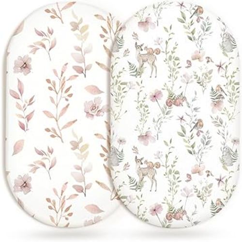 Bassinet Sheets for Baby Girls Boys 2 Pack, Fitted Baby Mattress Sheet for Rectangle, Oval, Hourglass Bassinet Mattress, Breathable Cozy & Universal Fit (Floral Fawn)