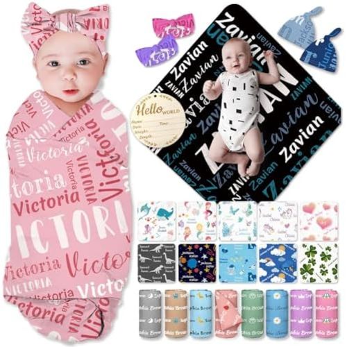 Personalized Swaddle Blanket for Baby Girl Boy Custom Swaddle Set with Hat Bow Customized Receiving Gift with Name Icon