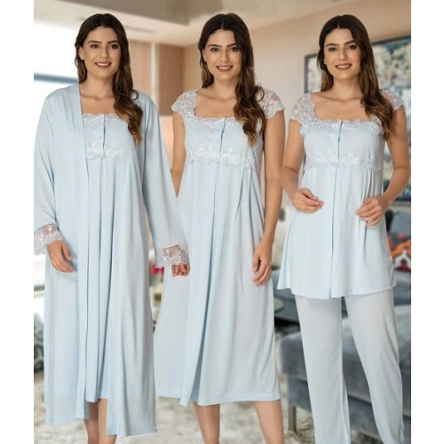 Lace Shoulder 4 Piece Maternity-Nursing Set Blue - 2305
