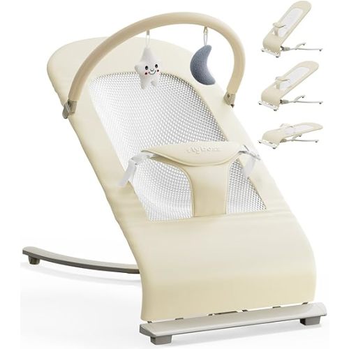 3-in-1 Portable Baby Bouncer & Rocker Chair for Newborn to Toddler - 4 Adjustable Recline Positions, Breathable Cotton Fabric, Natural Vibration, Supports Up to 33 lbs, Khaki
