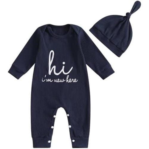 ZAXARRA Newborn Girls Boys Fall Outfits Long Sleeve Crew Neck Romper Bodysuit Gender Neutral Coming Home Hat Clothing Sets