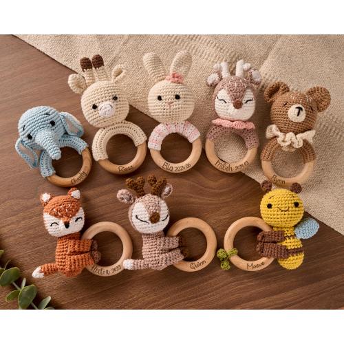 Personalized Crochet Baby Rattle: Engraved Wooden Teether, Newborn Gift
