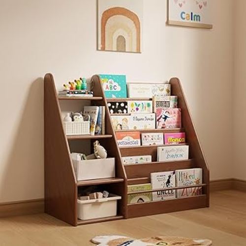 Solid Wood Kids Bookshelf and Storage Organizer, 7 Layer Children Bookcase, Baby Toddler Wooden Book Shelf, Display Cabinet for Playroom, Bedroom, Classroom, Nursery, School, Walnut