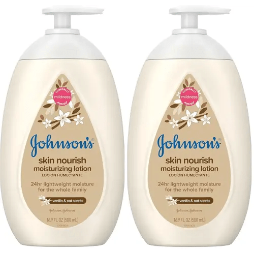 Johnson's Baby Skin Nourish Moisturizing Baby Lotion for Dry Skin with Vanilla & Oat Scents, Gentle & Lightweight Body Lotion for The Whole Family, Hypoallergenic, Dye-Free, 16.9 fl. oz (Pack of 2)